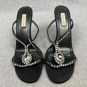 Lord Taylor Gem Jeweled High Heels Womens Size 9.5 Strap Sandals Black Satin 90s